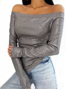 Chiquease Off Shoulder Long Sleeve Women's Metal Texture Solid Color Fashionable Blouse - Grey - View 1