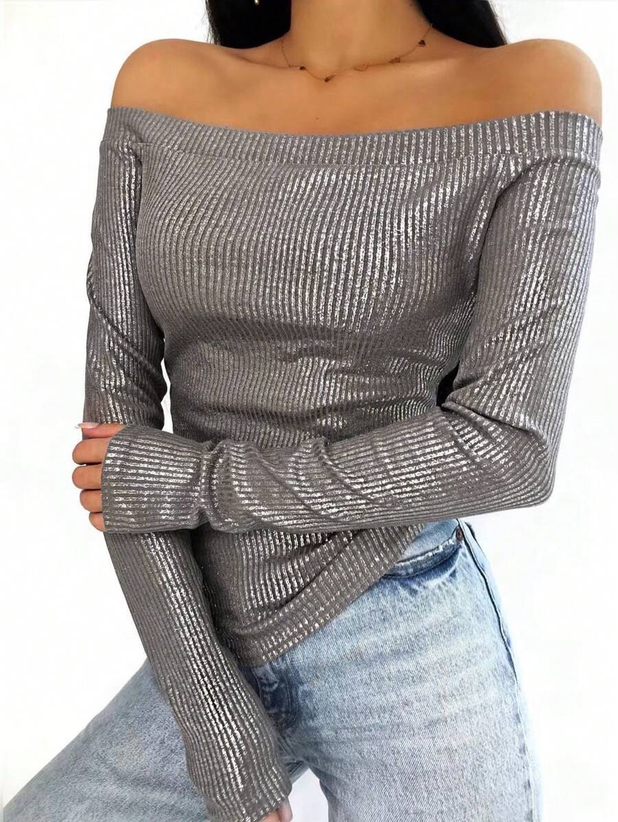 Chiquease Off Shoulder Long Sleeve Women's Metal Texture Solid Color Fashionable Blouse - Grey - View 1