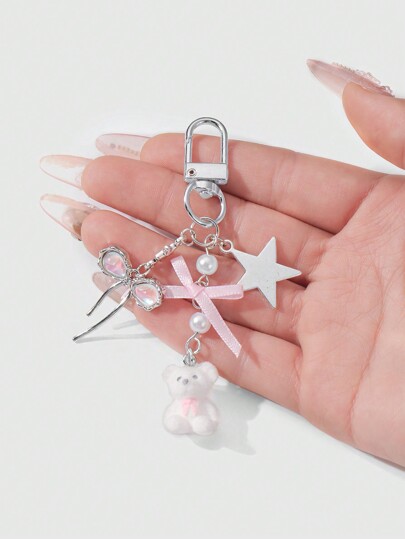Kawaii 1 pièce Porte-clés, breloque de sac Y2K élégant et minimaliste en chaîne d'argent de haute qualité avec étoile, faux perle, strass et nœud papillon en forme d'ours en peluche. Convient pour le port quotidien des femmes et comme cadeau pour les fêtes