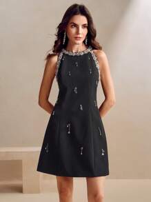 Anewsta Vestido de gala de lujo bordado con detalles de perlas, diseño blanco único y exclusivo para mujeres