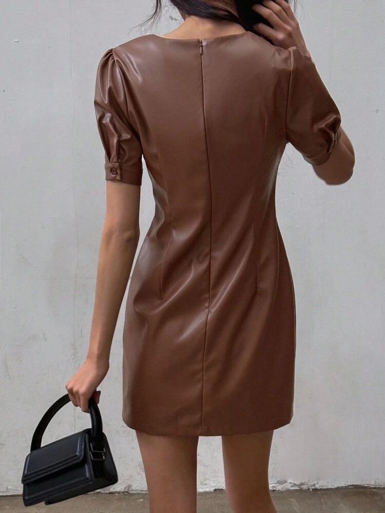 V-Neck Plain Colored PU Puff Sleeve Mini Dress For Women,Casual Women Dresses
