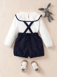Souflis Souflis 2pcs Young Boy Stylish Long Sleeve Striped Cartoon Graphic Top And Bib Pants Set, Autumn/Winter