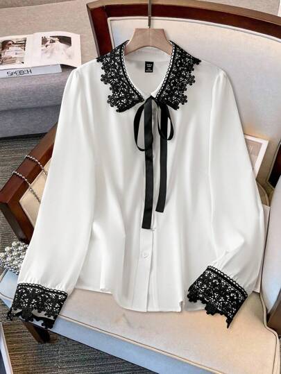 DreamSkyne Plus Size Solid Color & Contrast Color Lace Delicate Bowknot Collar Decoration Elegant Blouse Women Shirt Fall Cloth For Women