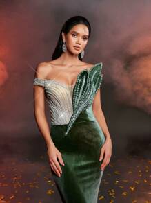 Glamrae Váy đuôi cá bằng vải nhung co giãn sequin màu xanh ô liu thanh lịch và sang trọng, phù hợp cho đám cưới, tiệc tùng, tuần trăng mật, vũ hội và sự kiện trang trọng, váy dạ hội, váy dự tiệc cưới, váy dự tiệc - xanh quân đội - Xem 2