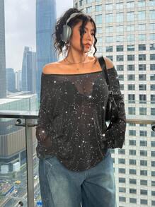 SHEIN EZwear 女士圆领长袖透明休闲衬衫，日常穿着 - 黑色 - 查看 5