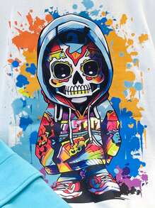 2 件装男童休闲卡通骷髅印花圆领短袖 T 恤和工装短裤套装，适合夏季上学、运动、郊游和度假 - 藍色 - 查看 7