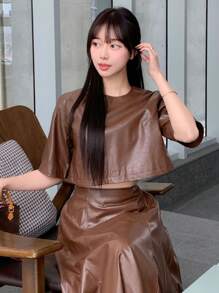 DAZY 女士两件套PU皮纯色上衣和裙子，春夏秋季款 - 棕色 - 查看 7