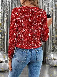 SHEIN Clasi 女式仿珍珠印花长袖前开襟夹克，适合派对和圣诞节、秋季 - 紅色 - 查看 2