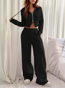 SHEIN EZwear 女士纯色前拉链长袖连帽衫和裤子 2 件套 - 黑色 - 查看 5