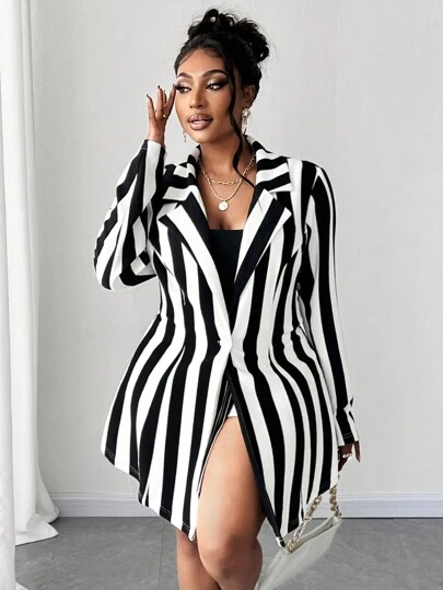 Maweii Plus Size randig stickad kavaj och shorts Co-Ord Set