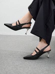 CUCCOO BIZCHIC 尖头细高跟露背扣带女士高跟鞋高跟鞋适合圣诞节和新年假期氛围秋冬 - 黑色 - 查看 3