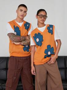 Manfinity Unisex Unisex kwiatowy wzór bezrękawnik z dekoltem w serek, dzianinowy, odpowiedni do noszenia na ulicy, jesień/zima