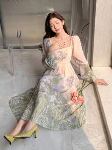 DAZY Robe midi à manches lanternes, col carré et imprimé floral complet pour femmes, volants