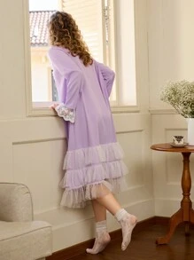 少女简约蕾丝撞色长袖长睡袍家居服，适合春秋季节 - 紫色 - 查看 2