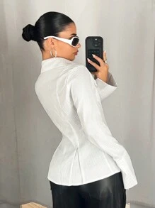 SHEIN ICON Camisa de manga larga con rayas para mujer, con bolsillos, bajo con abertura y cintura ajustada, para otoño