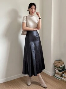 DAZY Women's Satin Textured Long Pleated A-Line Skirt