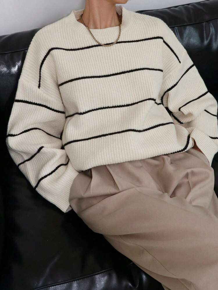 Women's Crew Neck Loose Striped Simple Knitted Sweater, Casual Everyday Wear