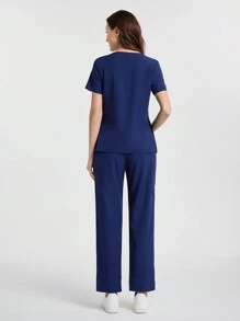 TaskEZ Simple Design Short Sleeve V-Neck Top & Pants Nurse Scrub Uniform Set - Navy Blue - View 2