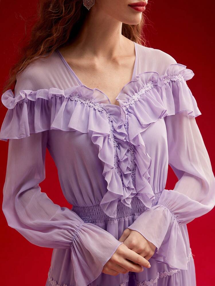 CONTRAST LACE FLOWY RUFFLE TRIM DRESS,VALENTINE'S DAY OUTFIT,SPRING/SUMMER