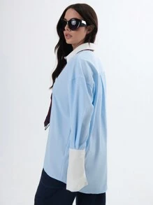 TypaGal Classy Oversized Boyrfriend Shirt With Contrast Collar & Cuff - Blue and White - View 7