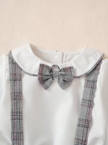 SHEIN Young Boy Long Sleeve Checkered Shirt & Adjustable Suspenders Pants Set,Gentleman Birthday Party Wedding,Traditional Summer Outfit,Bowknot Collar - Multicolor - View 8
