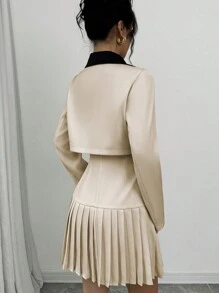 Elenzga 春秋高端时尚拼色百褶西装套装、迷你裙和西装外套、美式学院风 - 卡其色 - 查看 2