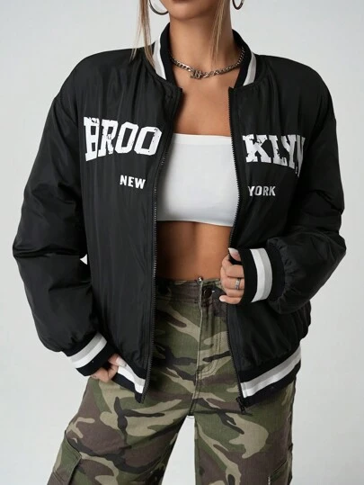 SHEIN ICON Women's Y2k Going Out Casual Letter Print Long Sleeve Zip Front Baseball Collar Casual Jacket, Winter