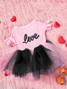 PETSIN 1 件宠物通用情人节粉色爱心印花喇叭袖渐变色网眼狗公主裙