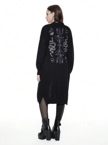 ROMWE Gothic Snake And Floral Embroidered Long Cardigan, Casual - Black - View 1