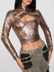 EgrlEra 女士镂空交叉蛇纹印花涂层 T 恤 - 彩色 - 查看 4