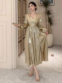 DAZY 女士亮面及膝派对连衣裙，适合春秋季及情人节舞会、返校节等场合，长袖连衣裙，奢华亮片优雅女装。