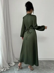Elenzga Vestido de mujer elegante de satén brilloso con pliegues, cuello drapeado, manga larga y campana, para primavera y otoño