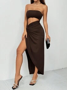 SHEIN PETITE 镂空扭纹前开衩高弹力连衣裙 - 咖啡棕 - 查看 7