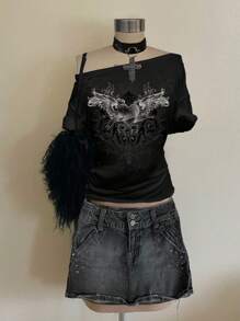 Attitoon Camiseta informal de mujer con diseño de corazón y alas, estilo gótico y punk