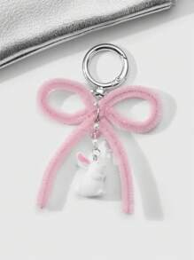 ROMWE Kawaii 2pcs Ins Style Cute & Delicate Fashion Highly Attractive Pink + Blue Flocked Twist Bow Bunny Pendant Keychain & Keyring, Combo Set Suitable For Sisters, BFFs, Couples, Friends, Daily Wear, Holiday Gift