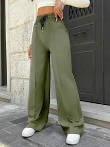 Cottnline Cotton Tall Drawstring Waist Wide Leg Pants - Army Green - View 5