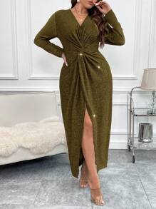 SHEIN Clasi Plus Size Women V-Neck Long Sleeve Twist Waist Split Hem Elegant Dress - Gold - View 1
