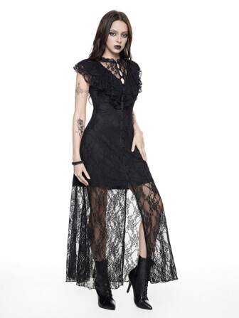 Goth Women's Lace Splice Sleeveless Simple Fitted Dress