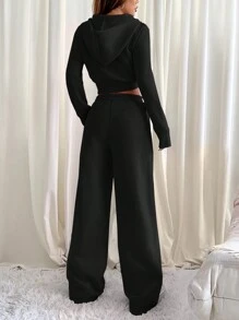 SHEIN EZwear 女士纯色前拉链长袖连帽衫和裤子 2 件套 - 黑色 - 查看 2