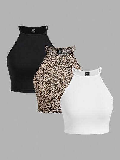 SHEIN EZwear 3pcs/Set Plus Size Women's Leopard Print Mock Neck Tight Fitting Tops, Summer Back To School