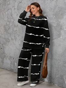EMERY ROSE Casual Minimalist Artistic Stripe Pattern Printed Plus Size Sweatshirt Set, Suitable For Autumn/Winter - White - View 4