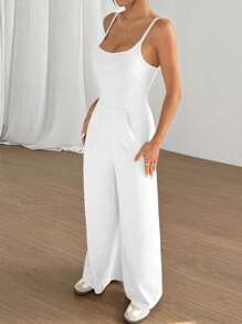 Flirla Women's Solid Color Spaghetti Strap Casual Loose Fitting Straight Leg Jumpsuit