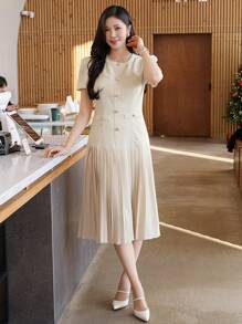 DAZY 夏季女式优雅面料拼布圆领泡泡袖褶皱中长连衣裙 - 杏色 - 查看 6