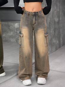 SHEIN 青少年女孩 Y2K 时尚复古蓝色低腰翻盖口袋阔腿工装裤 - 中等水洗藍 - 查看 4