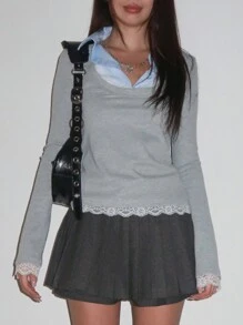 DAZY Women Lace Splicing Shirt Collar Long Sleeve T-Shirt, Gray, Spring/Summer/Autumn,Back To School Clothes,Fall Women Clothes - Grey - View 1