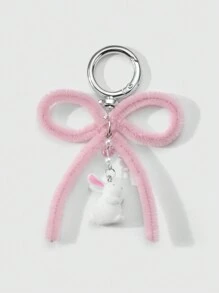 ROMWE Kawaii 2pcs Ins Style Cute & Delicate Fashion Highly Attractive Pink + Blue Flocked Twist Bow Bunny Pendant Keychain & Keyring, Combo Set Suitable For Sisters, BFFs, Couples, Friends, Daily Wear, Holiday Gift