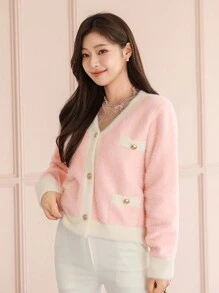 DAZY V-Neck Colorblock Cropped Cardigan, Minimalist Casual Style Suitable For Daily Wear,Fall Clothes - Pink - View 5