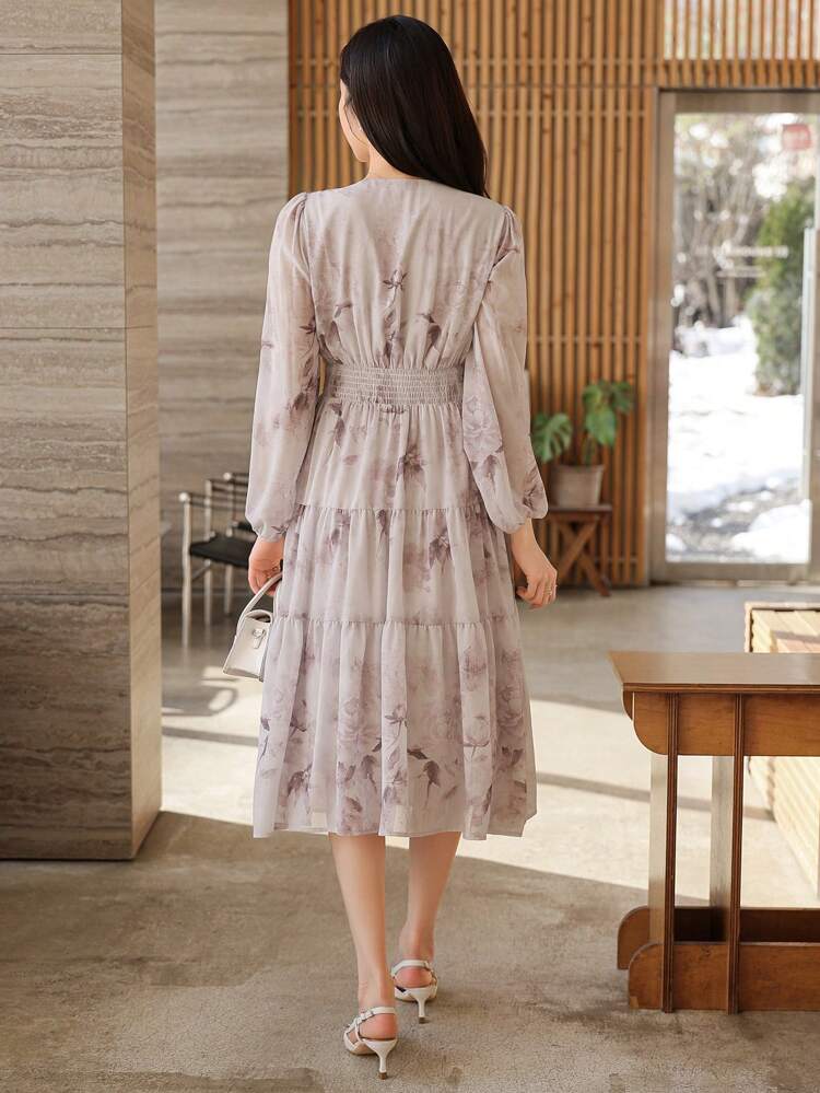 V-Neck Floral Print Chiffon Puff Sleeve Midi Dress For Women,Fall Dress Long Sleeve Dress Easter