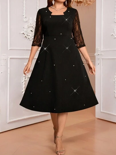 SHEIN Clasi 大码纯色 V 领蕾丝拼接串珠优雅连衣裙