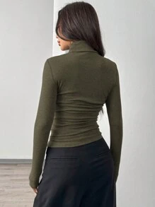 SHEIN EZwear 女士高领长袖修身简约上衣，休闲日常穿着 - 軍綠色 - 查看 2